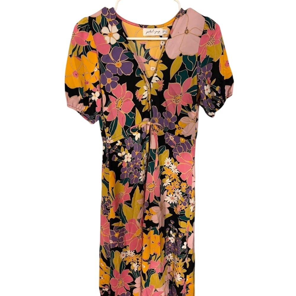 Petal + Pup Floral Tie Front Midi Dress Black Pink Yellow Retro‎ V-Neck Size 0
